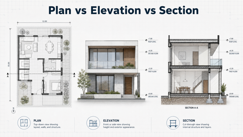 Difference Between Plan, Elevation, and Section Explained